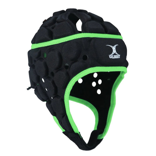 Black Gilbert headgear with green accents on a white background