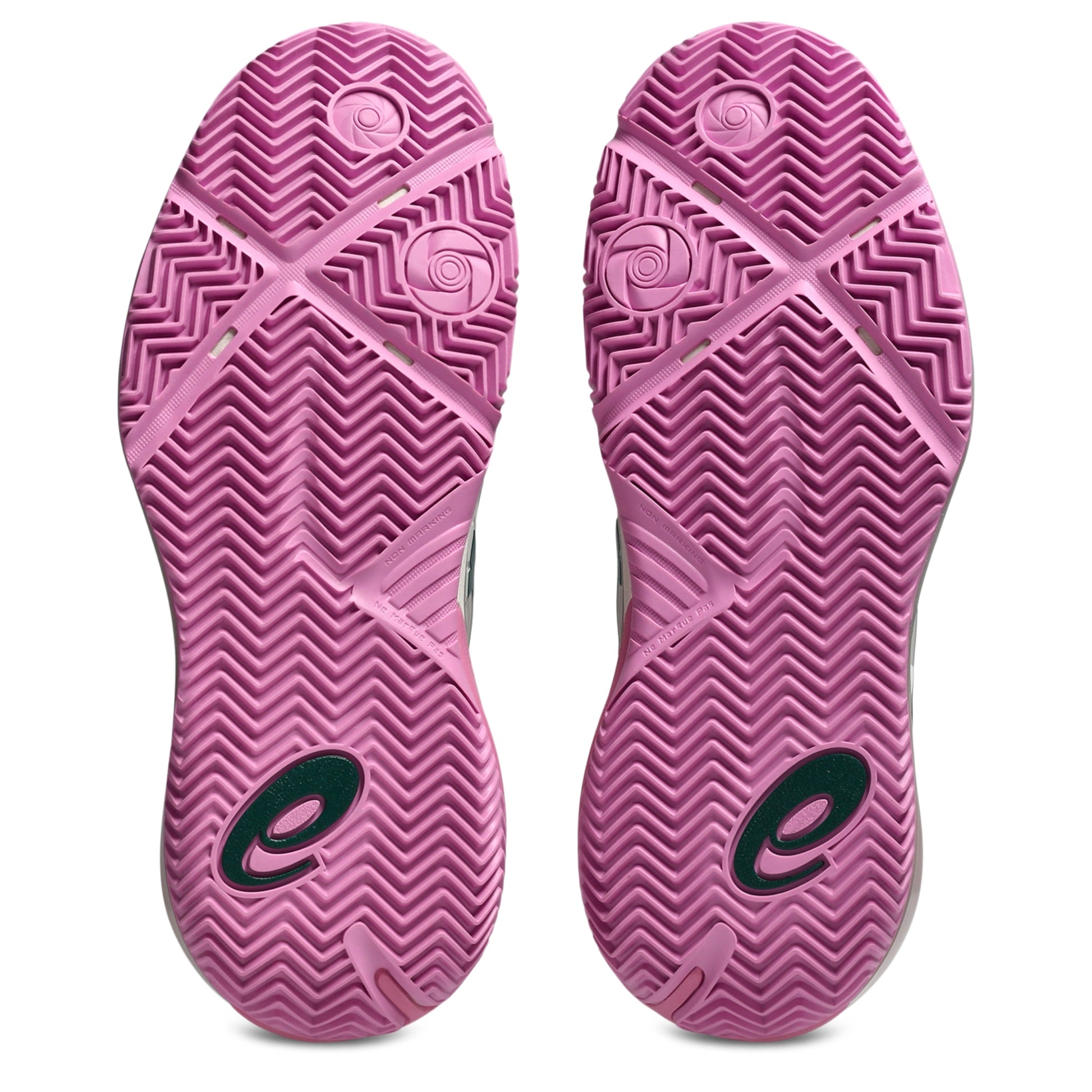 The outsoles of a pair of padel shoes, featuring a textured pink and purple chevron pattern with a dark green stylized 'e' logo near the heel.