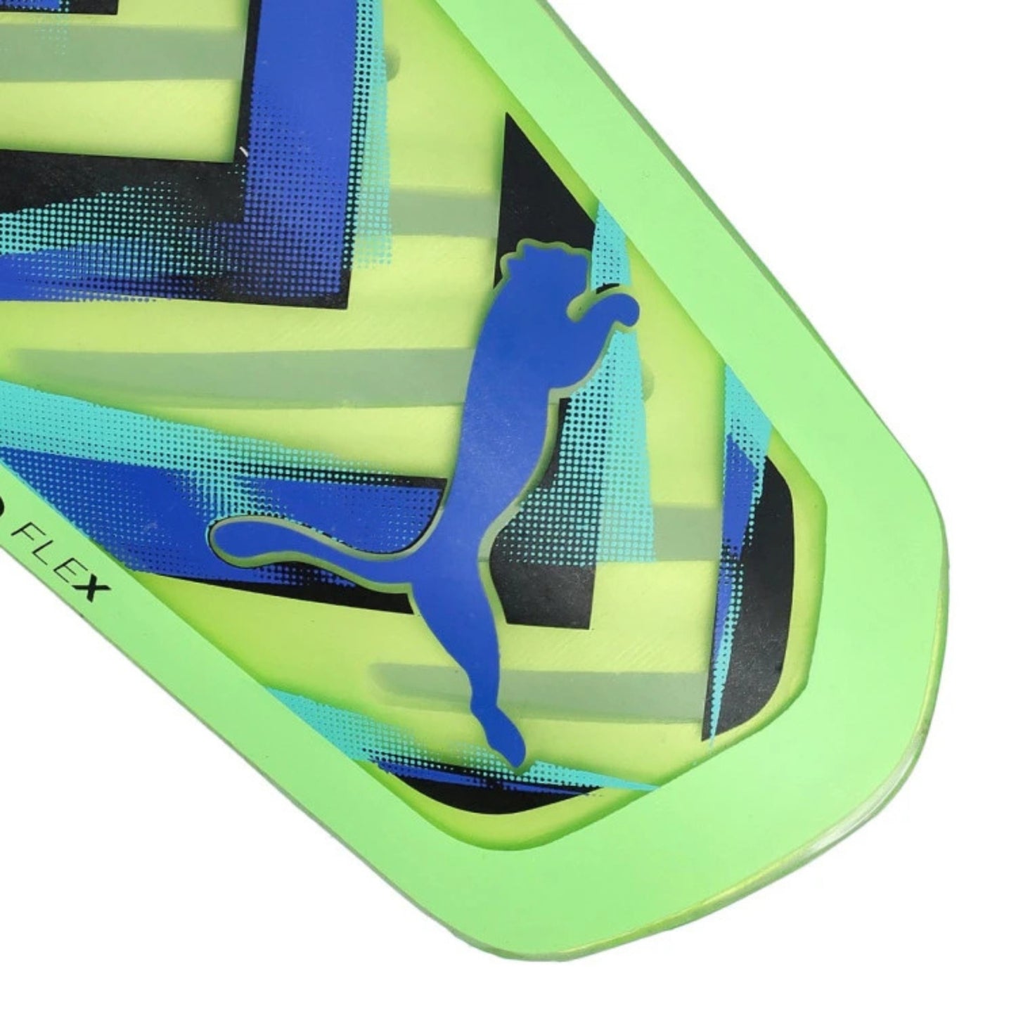 Close-up of a sports equipment with a blue silhouette logo on a green and black background