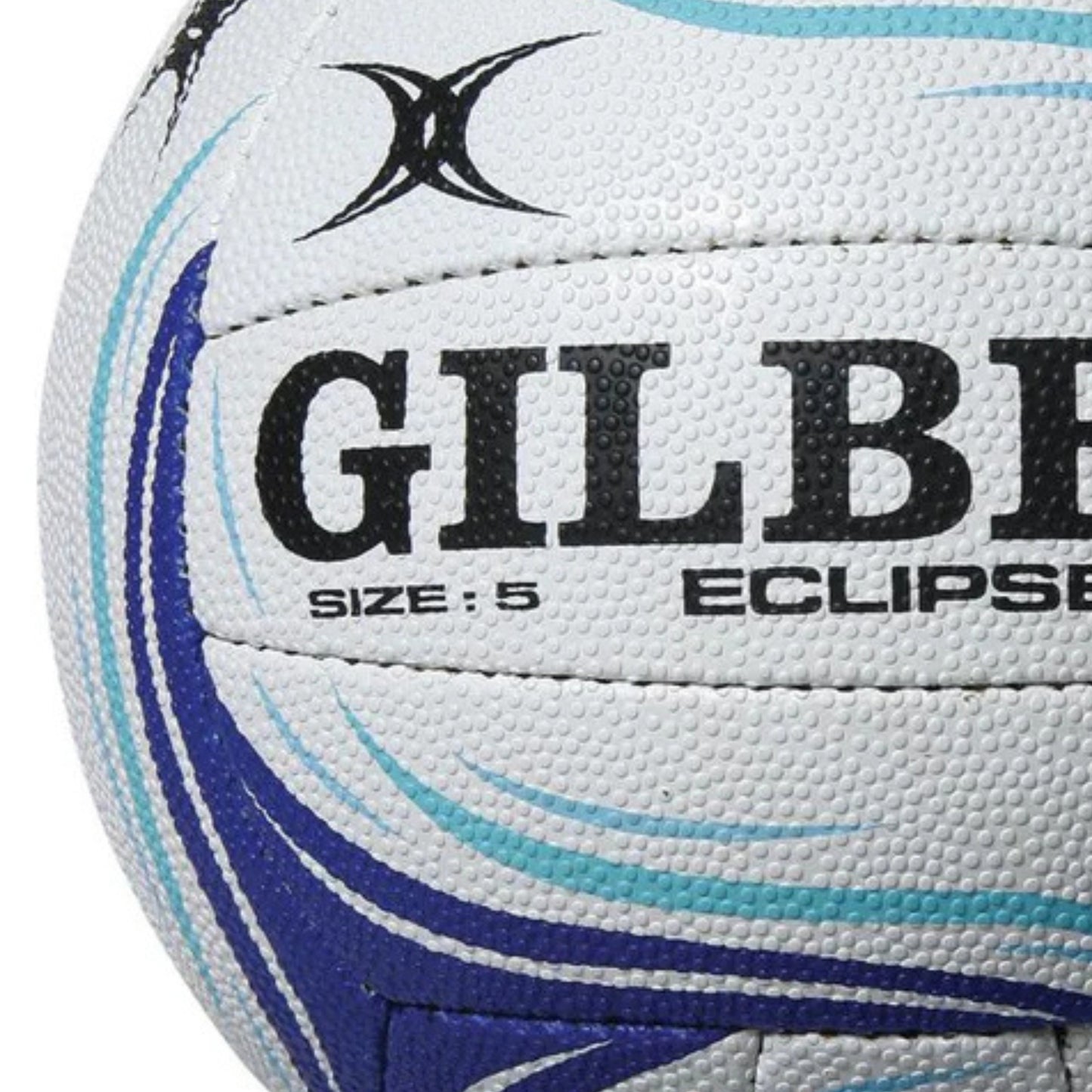 Close-up of a Gilbert Eclipse rugby ball with branding and size information.