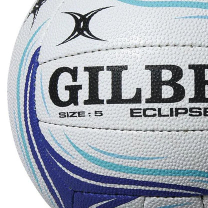 Close-up of a Gilbert Eclipse rugby ball with branding and size information.