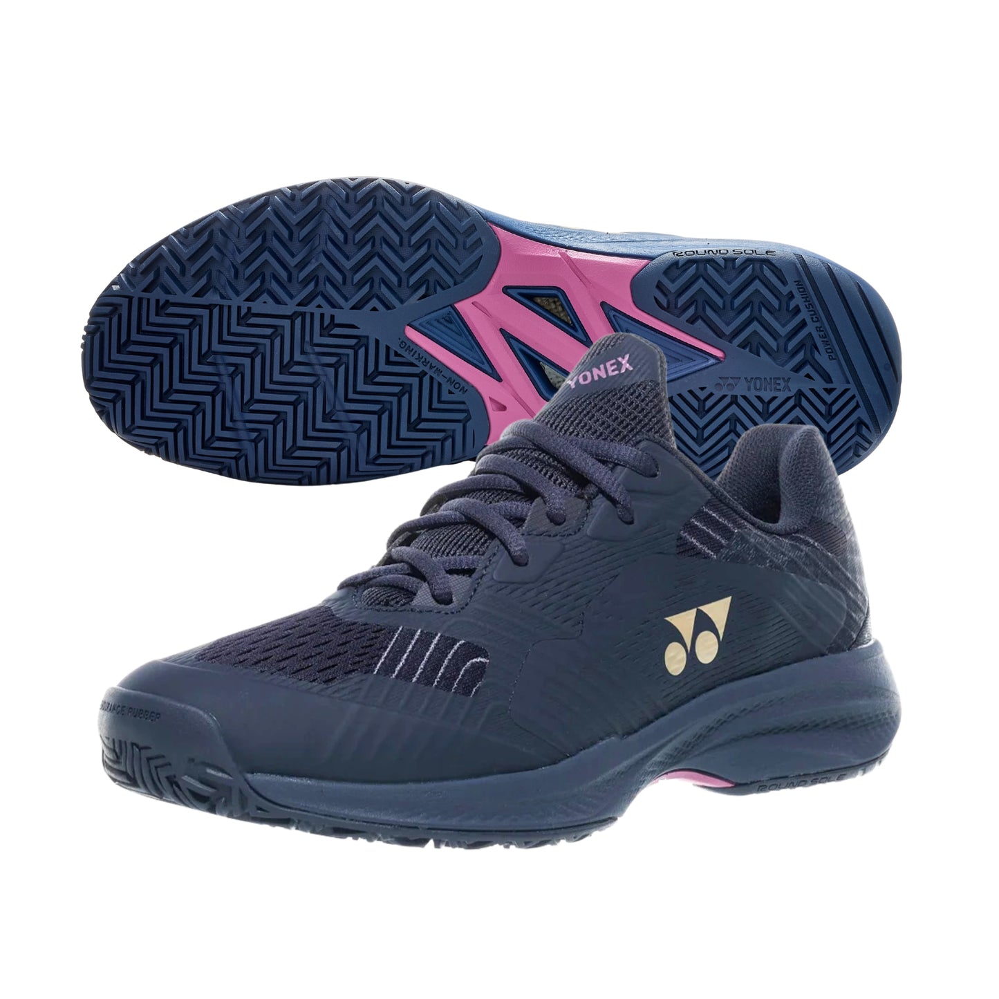 Navy blue Yonex tennis shoe with pink and blue shoe sole on a white background