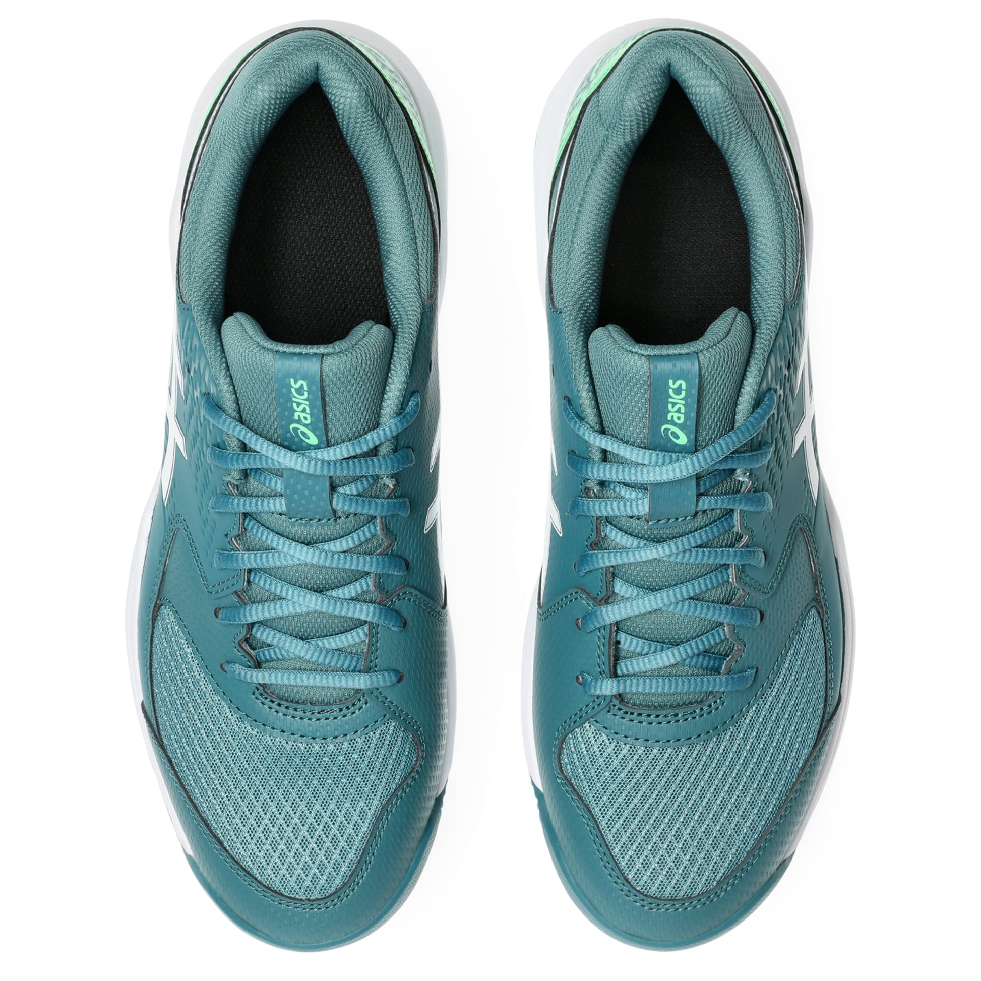 Pair of green Asics padel shoe on a white background