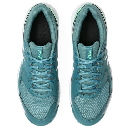 Pair of green Asics padel shoe on a white background