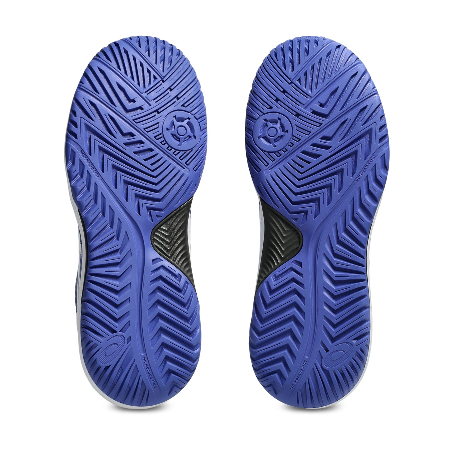 Blue Asics tennis shoe soles with a textured pattern on a white background
