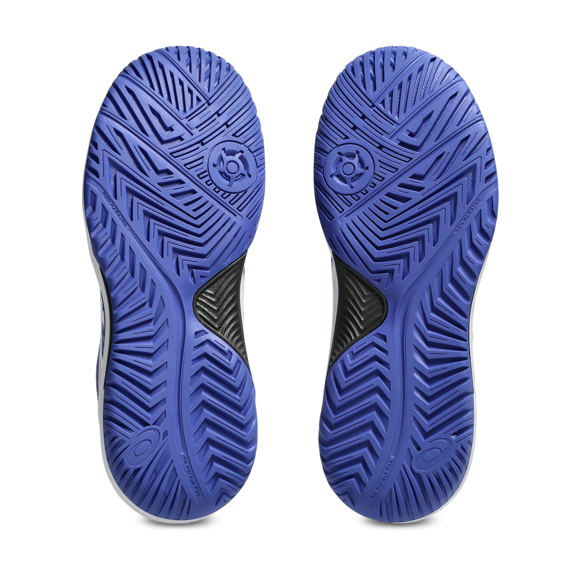 Blue Asics tennis shoe soles with a textured pattern on a white background