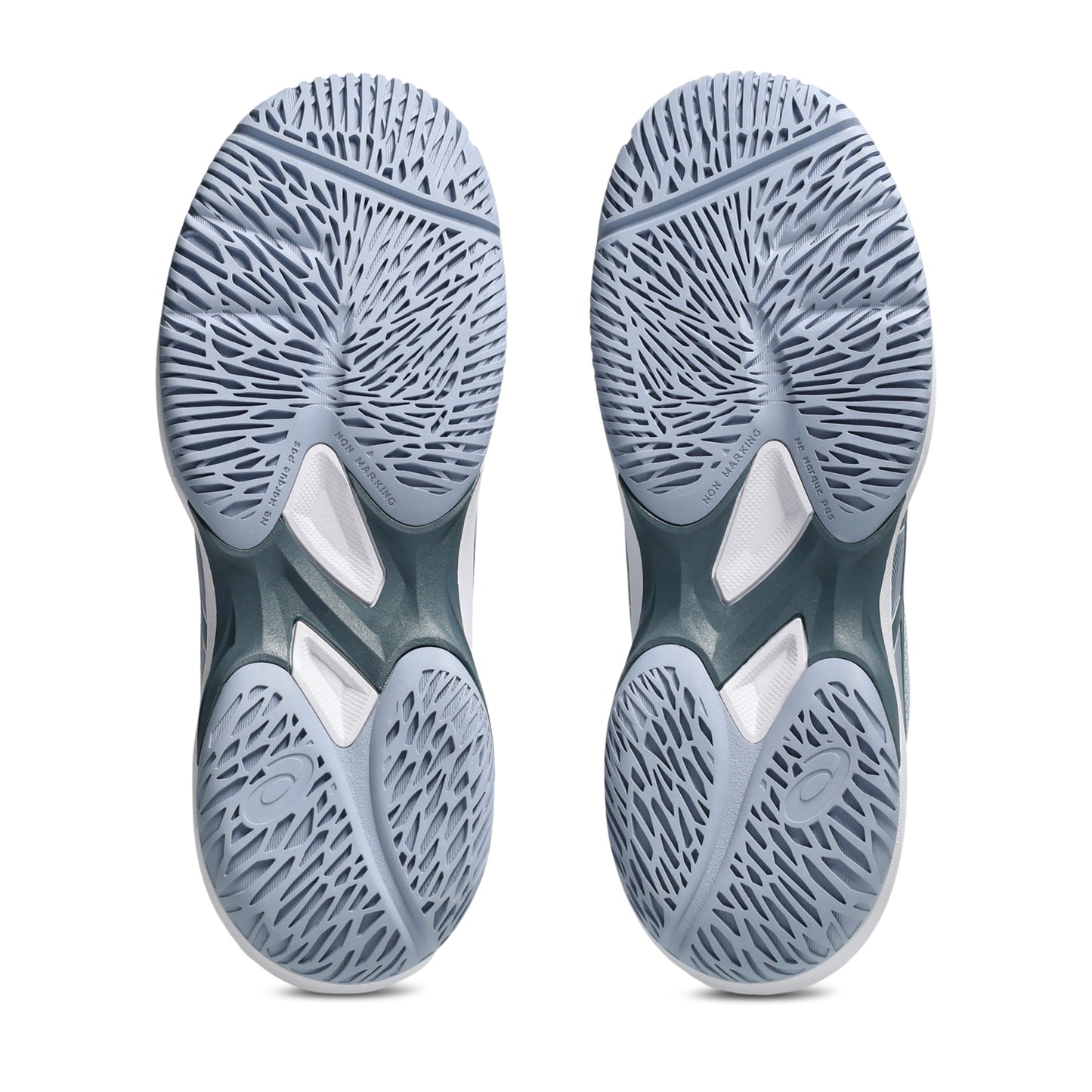 Close-up of gray tennis kids shoe soles with a textured pattern on a white background