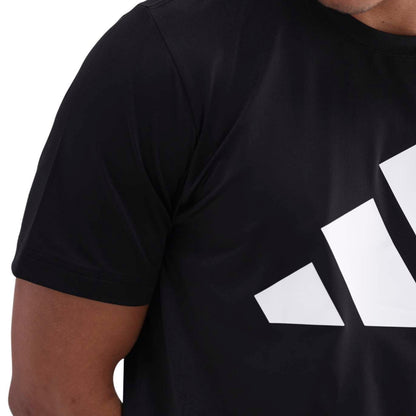 Black t-shirt with a white logo on a white background