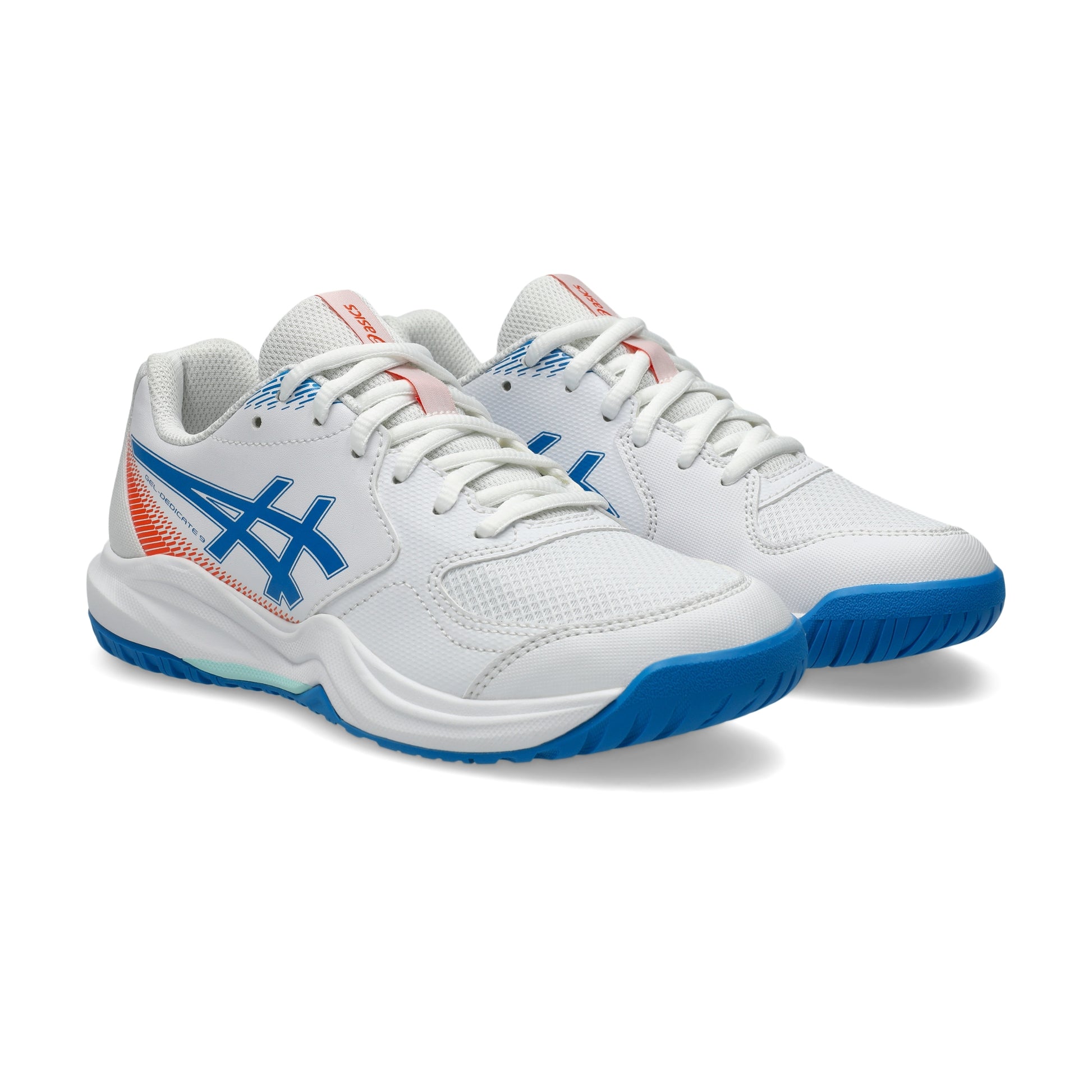 A pair of white Asics tennis shoes with blue and orange accents, shown from a three-quarters angle on a clean white background.