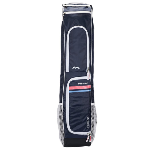 Navy Mercian blue stick bag with white accents on a white background