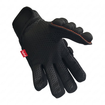 Black Mercian glove with orange stitching on a white background