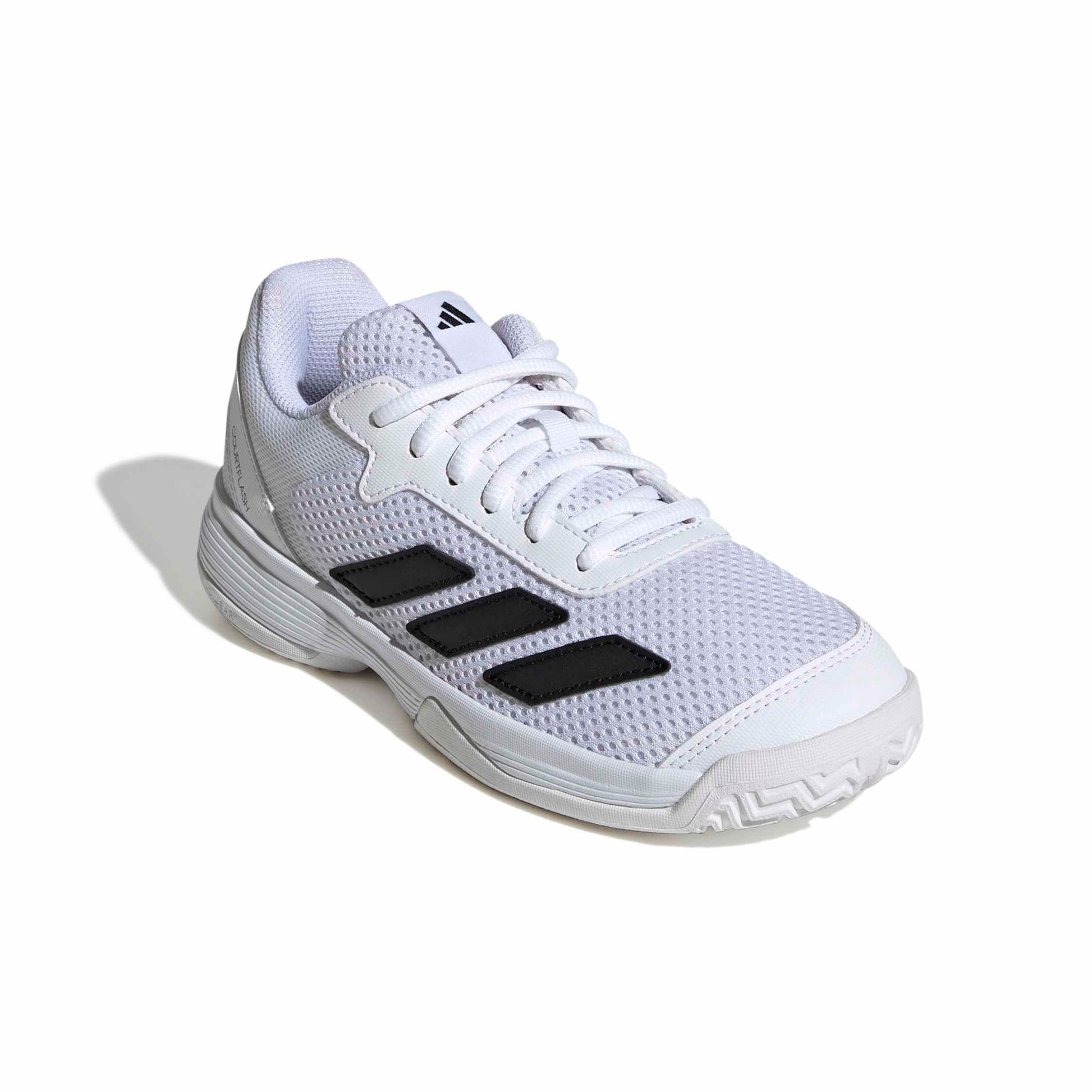 A white Adidas tennis shoe with black three-stripes on the side, white laces, and a white sole, photographed on a clean white background with a soft shadow.