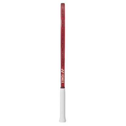 Red and white tennis racket with Yonex logo on a white background
