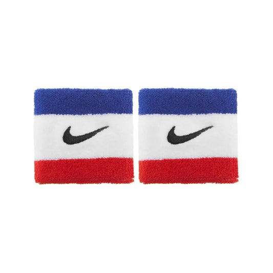 Pair of red, white, and blue wristbands with Nike logo on a white background