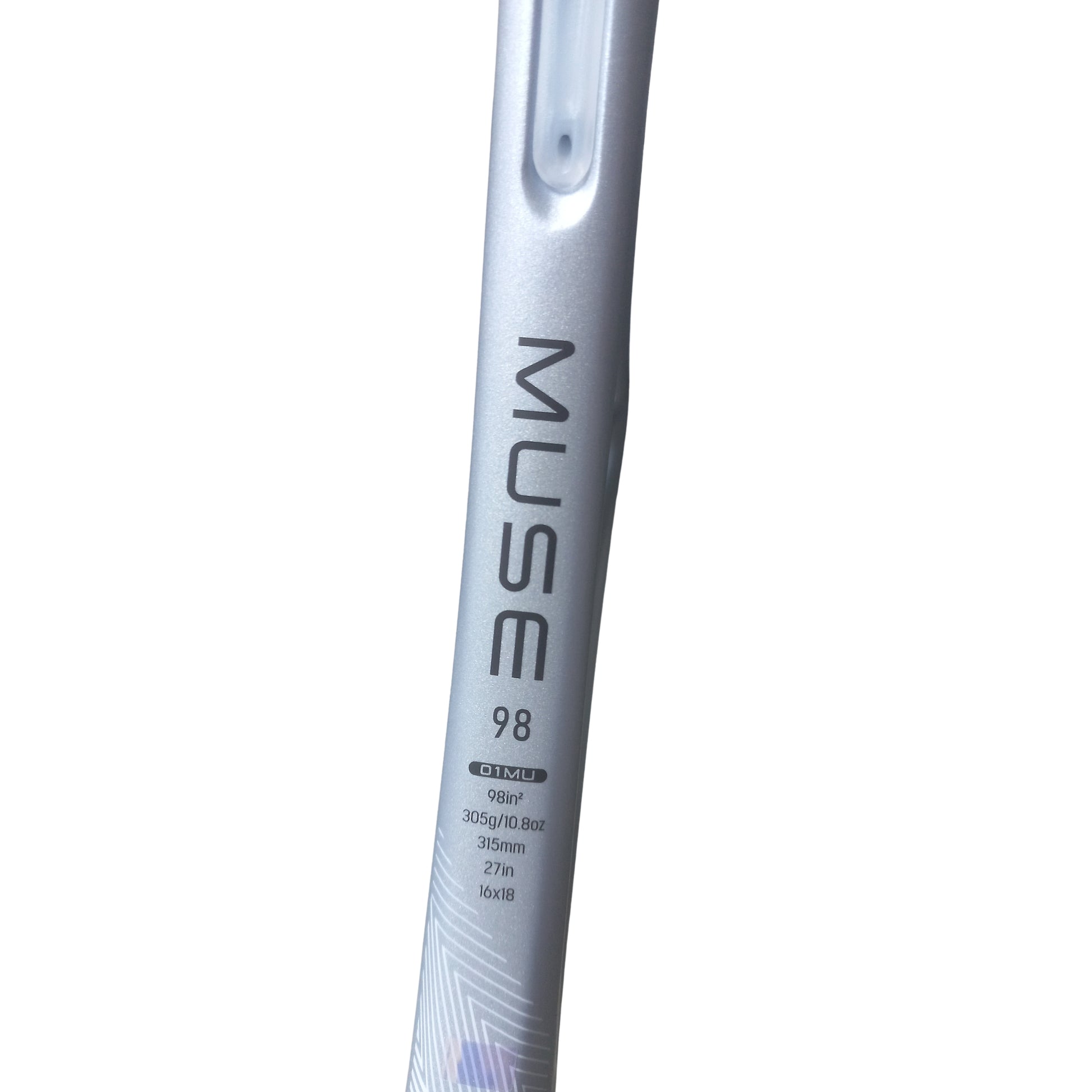 Silver Yonex tennis racket with 'MUSE 98' branding on a white background