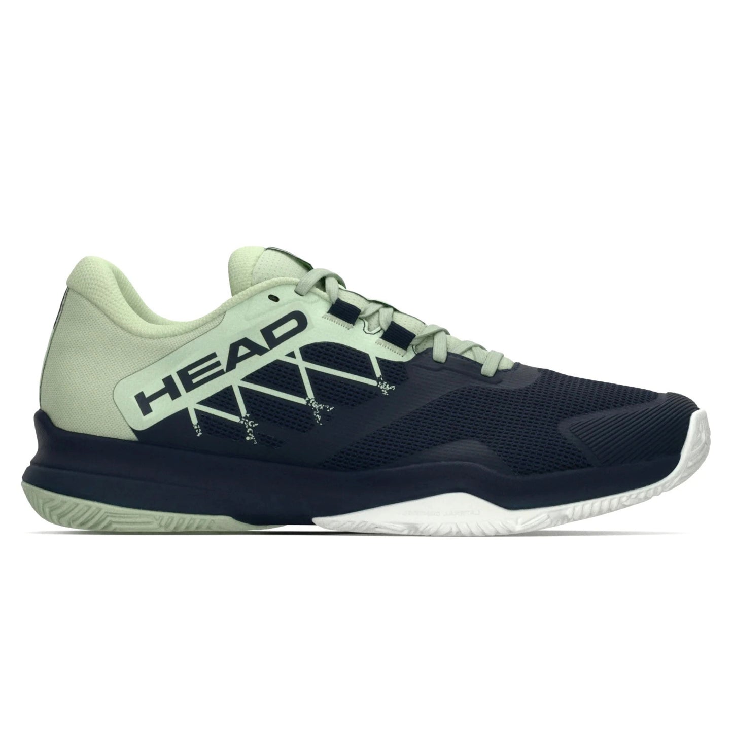 Navy and light green Head padel shoe with HEAD logo on a white background