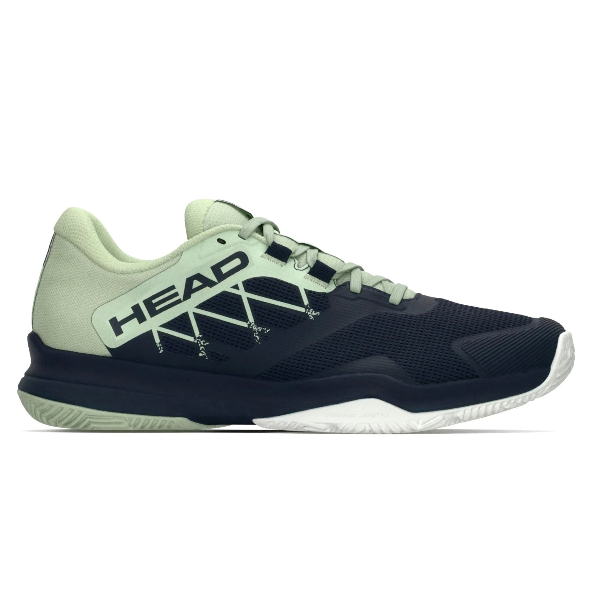 Navy and light green Head padel shoe with HEAD logo on a white background