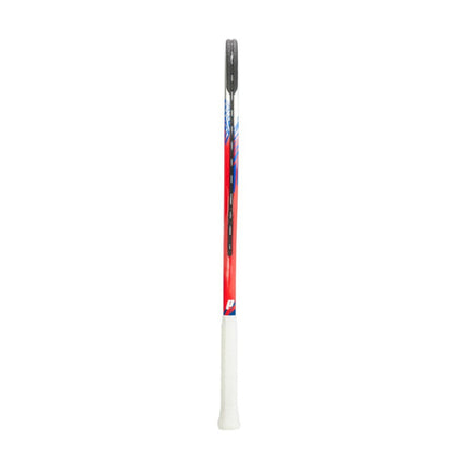 Tennis racket with red, white, and blue design on a white background