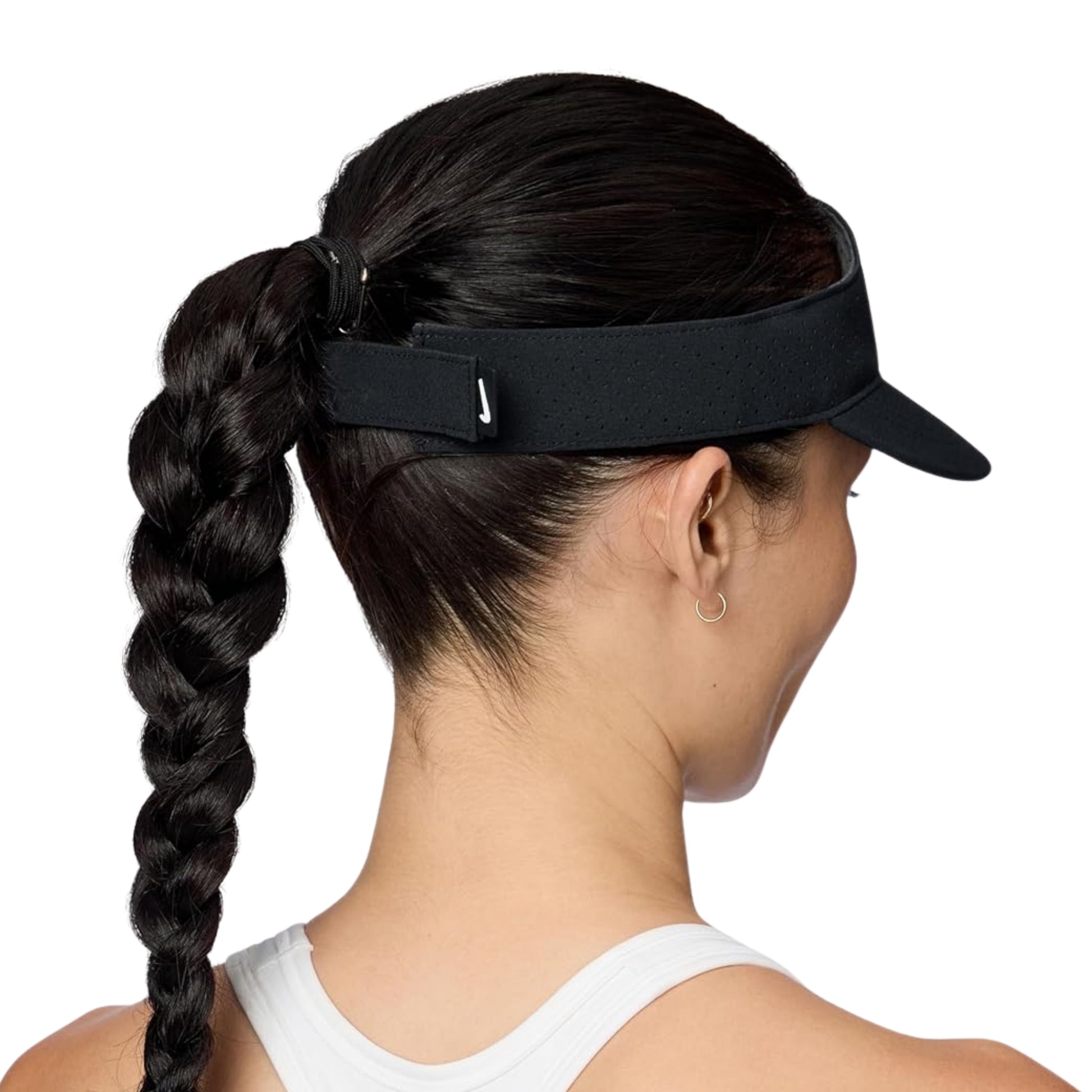 Person wearing a black visor with a ponytail, on a white background