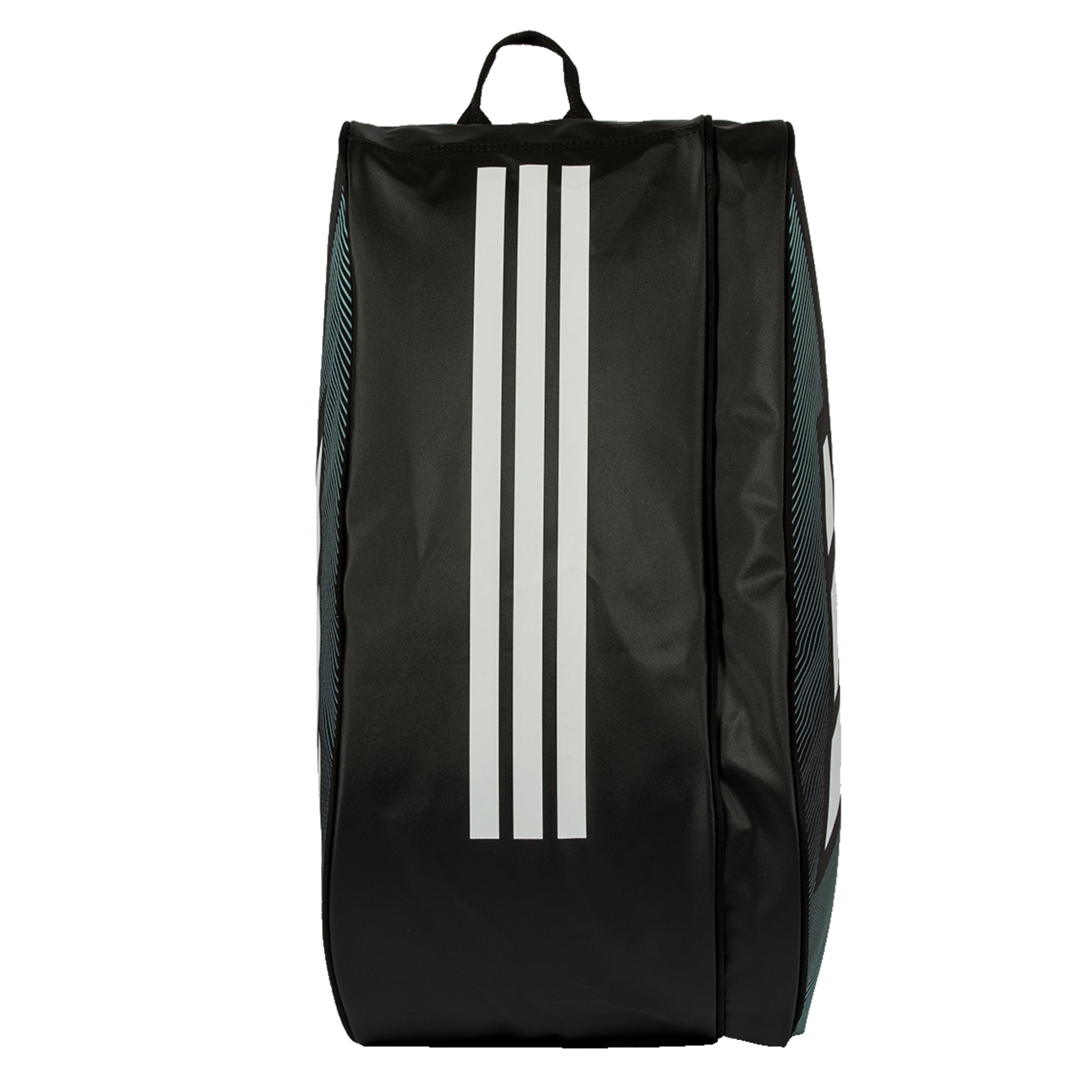 Black Adidas racket bag with white stripes on a white background