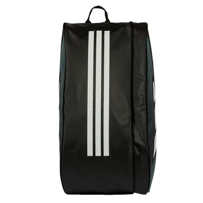 Black Adidas racket bag with white stripes on a white background