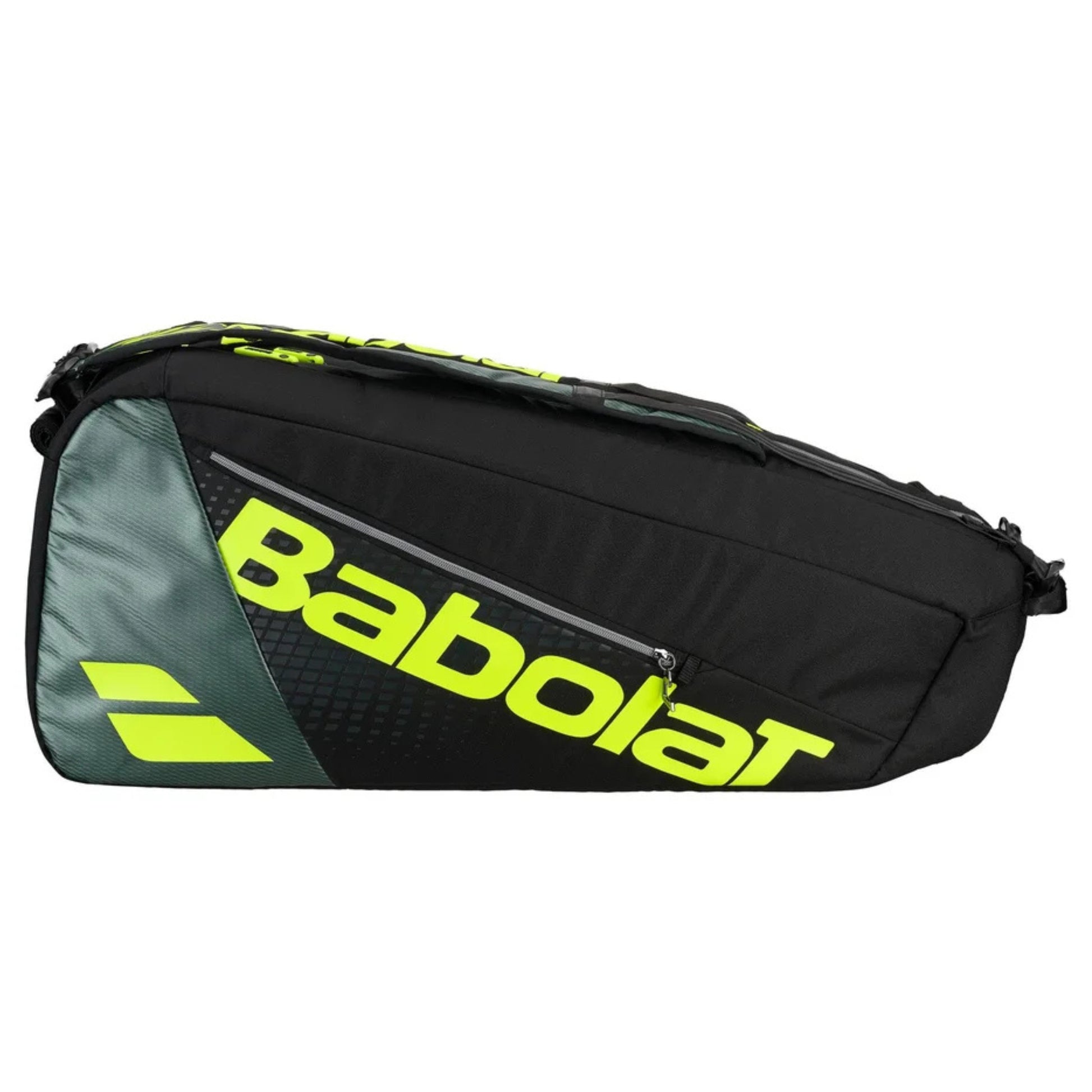 Gray and black Babolat tennis bag on a white background