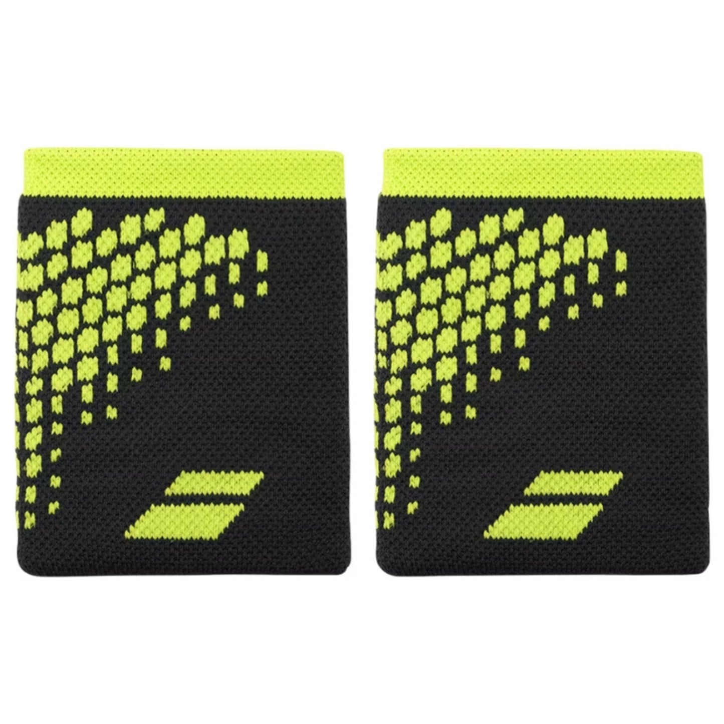 Pair of black wristbands with yellow pattern and logo on a white background