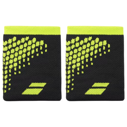 Pair of black wristbands with yellow pattern and logo on a white background