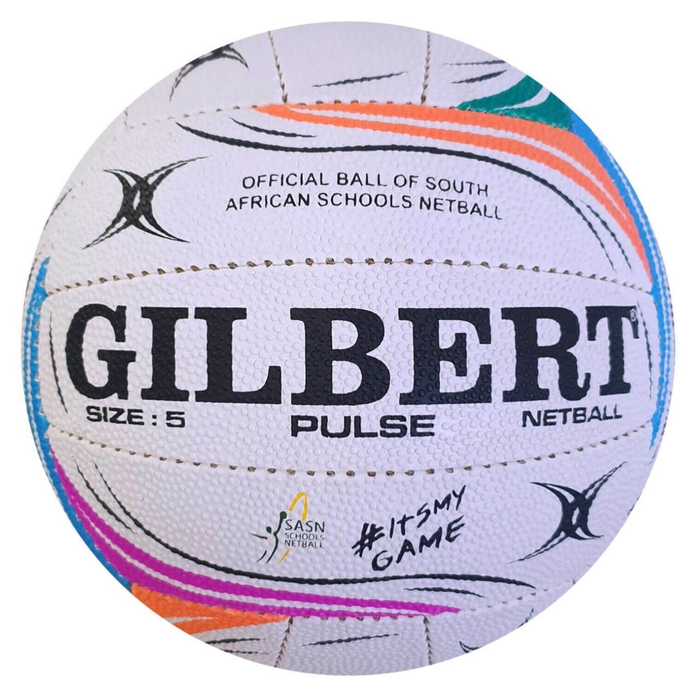 Gilbert Pulse netball with colorful patterns on a white background