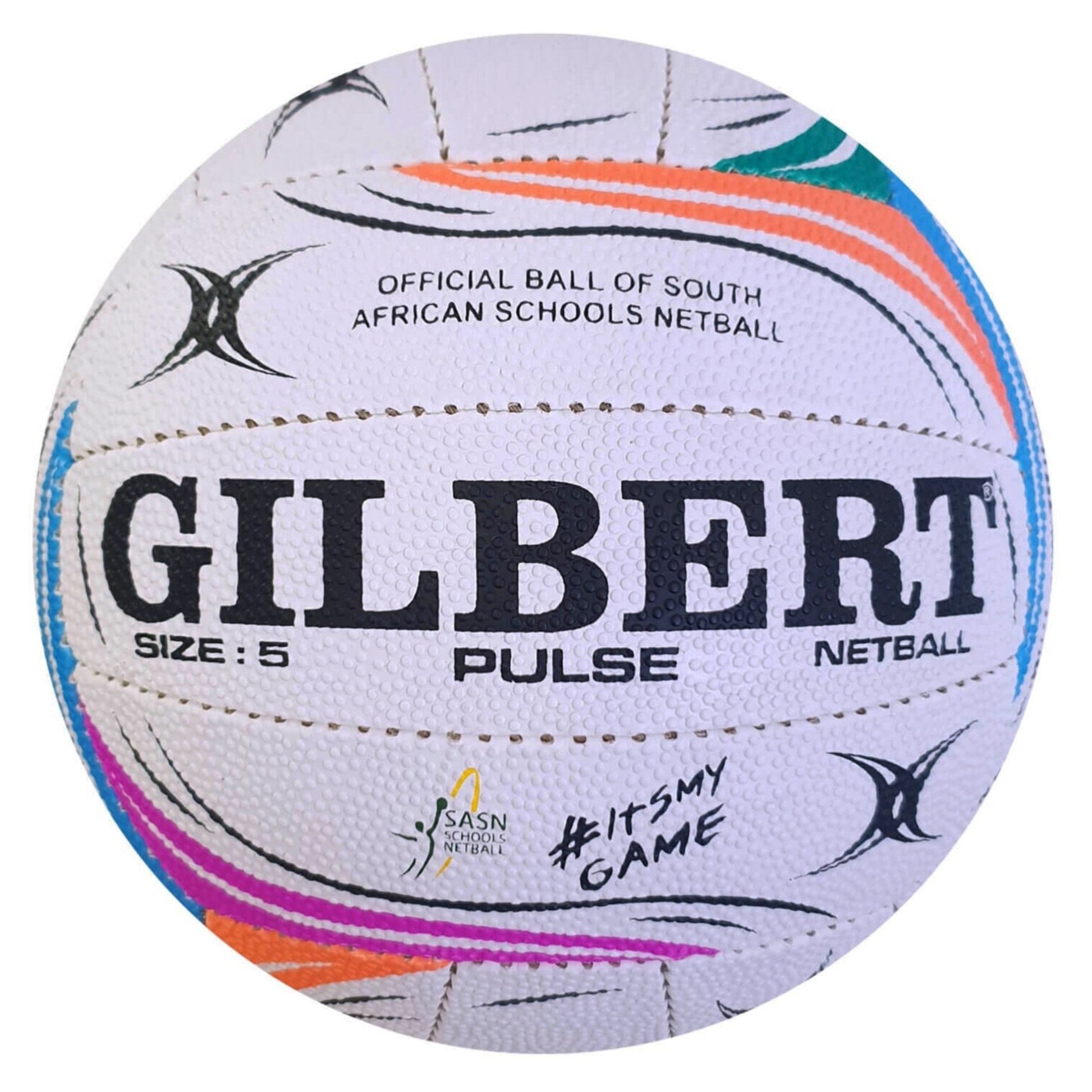 Gilbert Pulse netball with colorful patterns on a white background