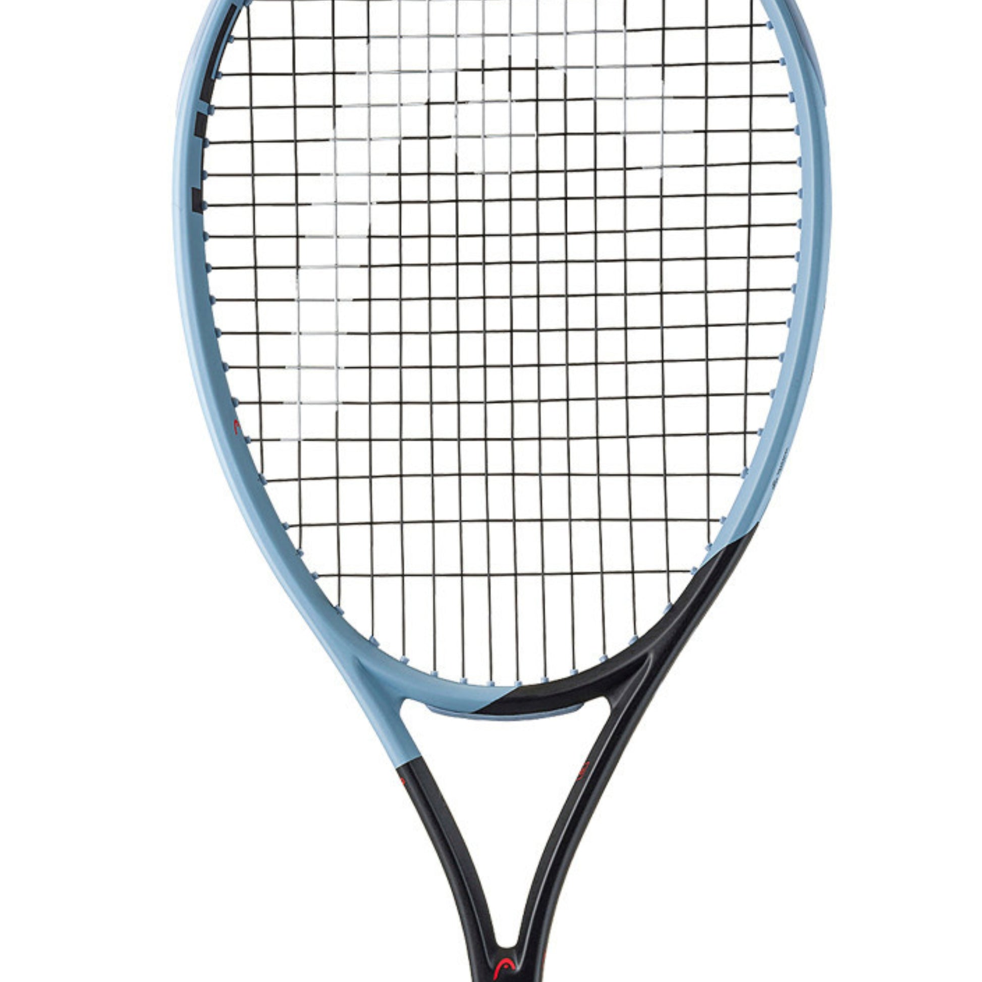 Head tennis racket with blue frame and black strings on a white background