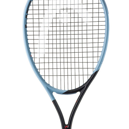 Head tennis racket with blue frame and black strings on a white background