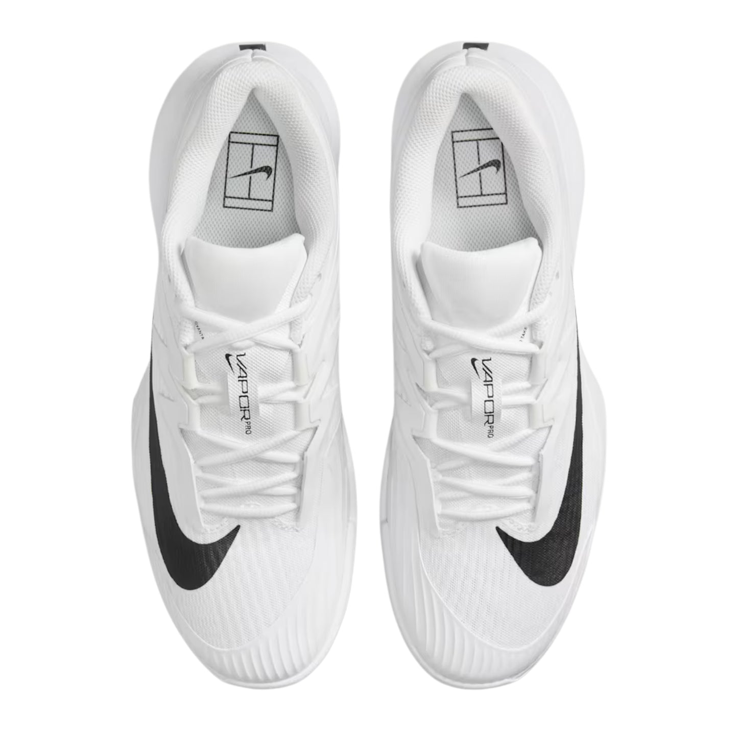 White tennis shoes with black swoosh logo on a white background
