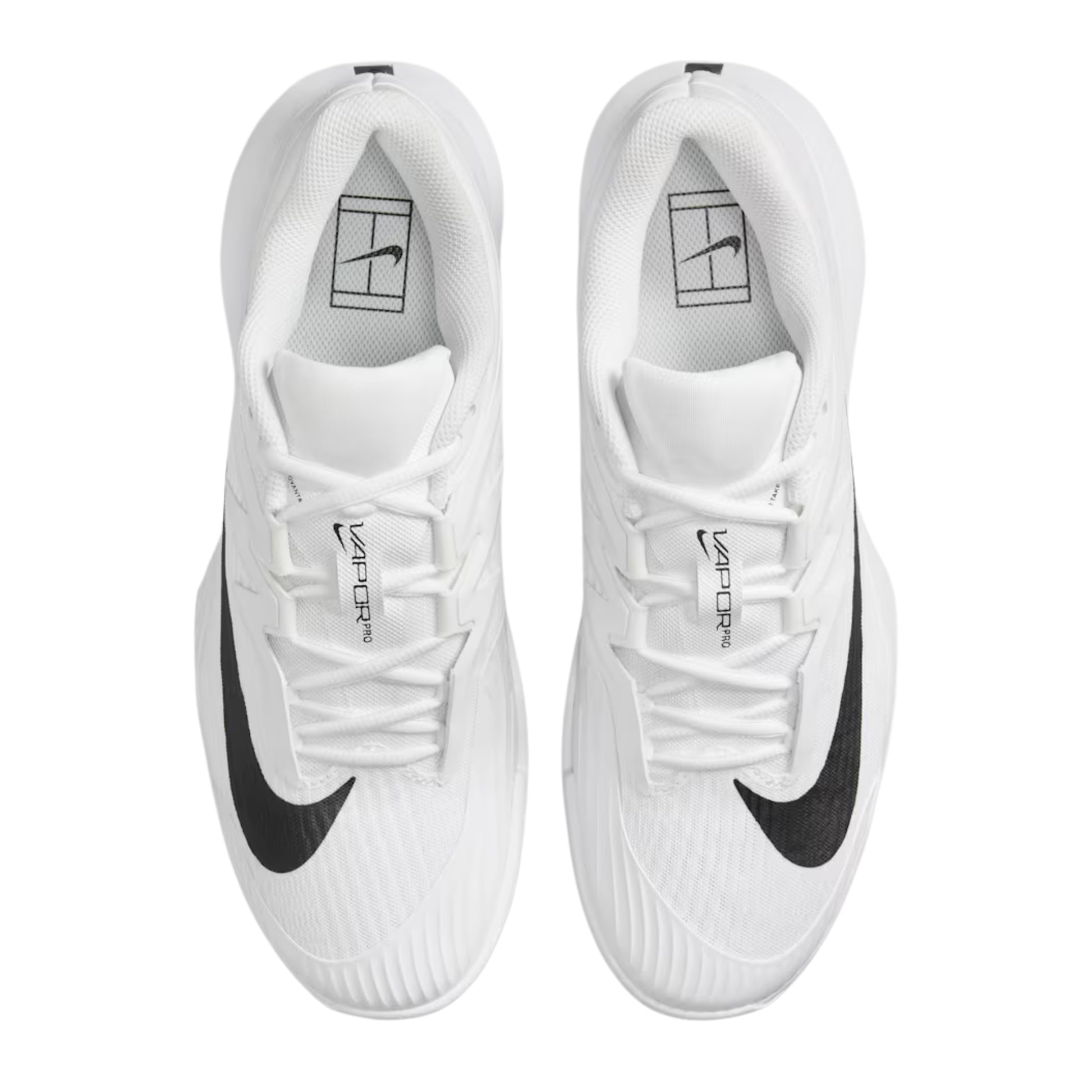 White tennis shoes with black swoosh logo on a white background