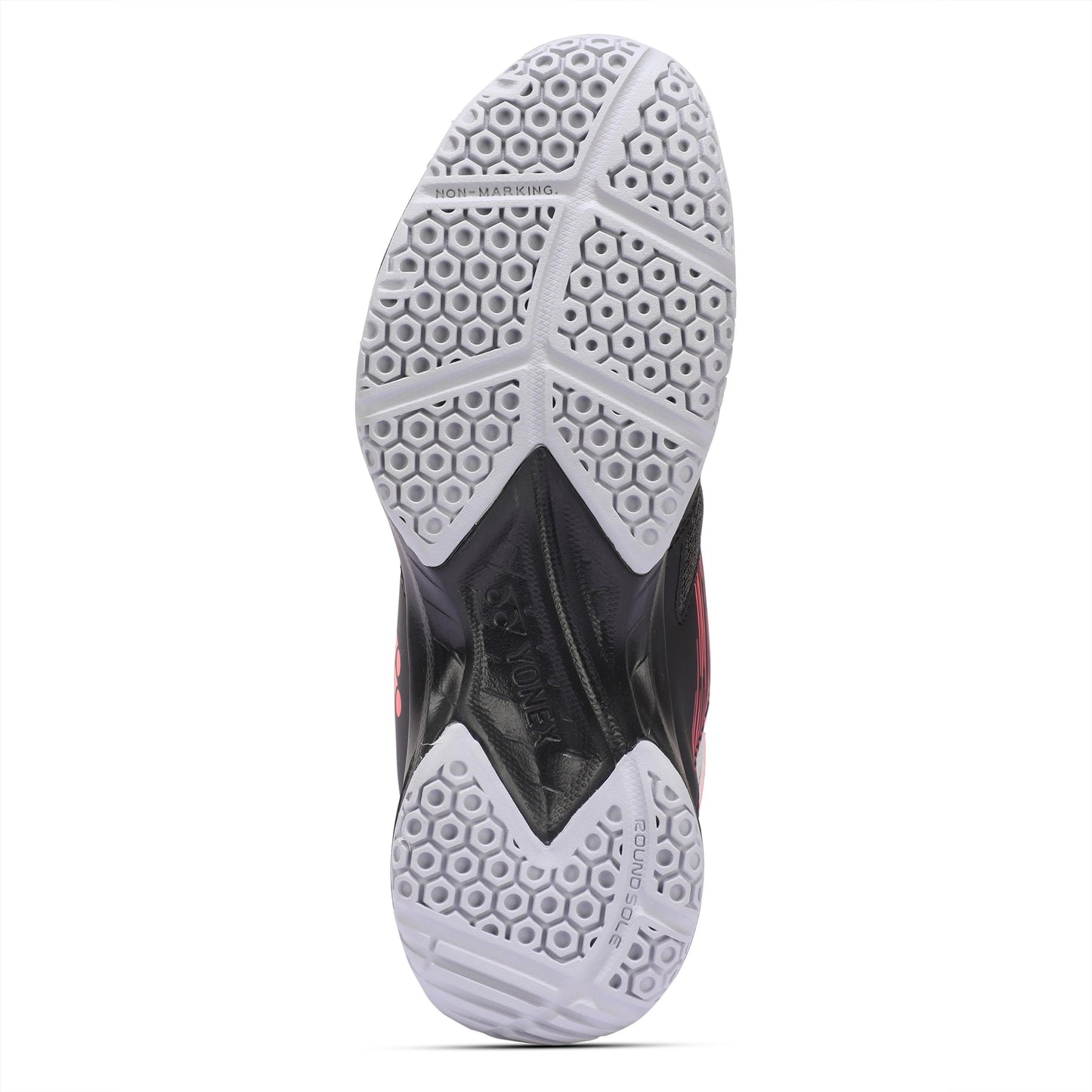 Close-up of a shoe sole with a textured pattern on a white background