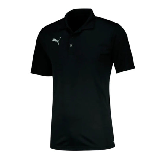 Black polo shirt with a Puma logo on a white background