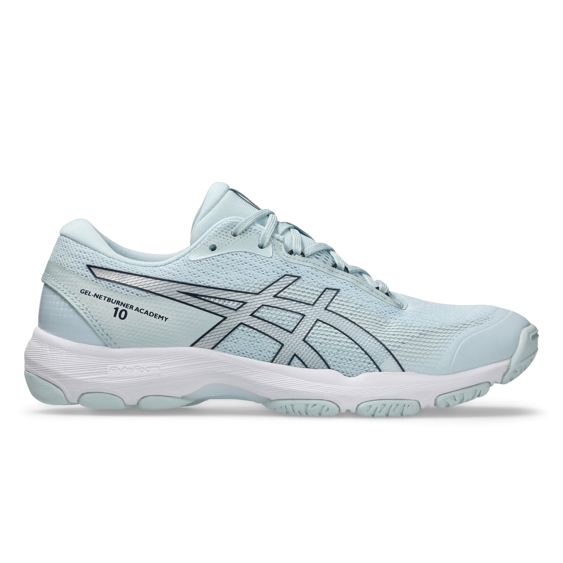 Light blue netball shoe with brand logo on a white background