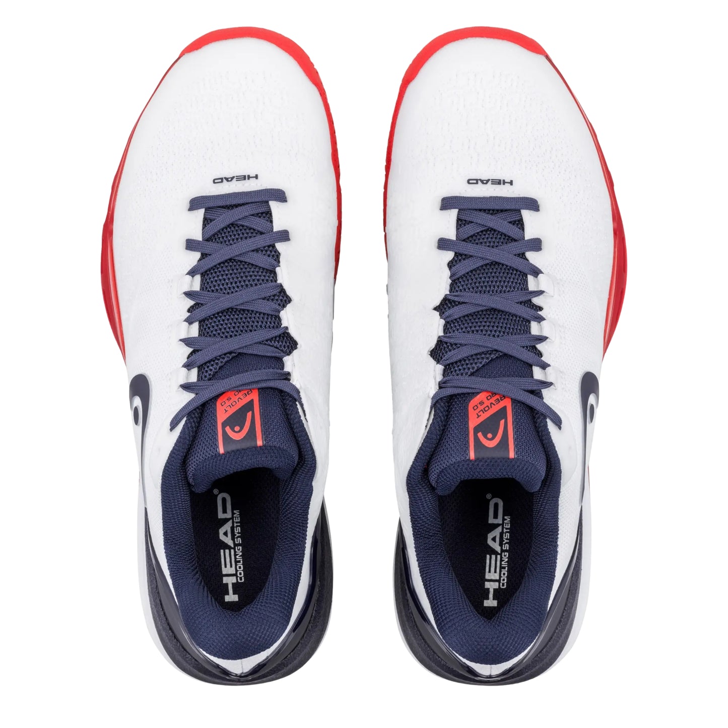 White and blue Head tennis shoes with red accents on a white background