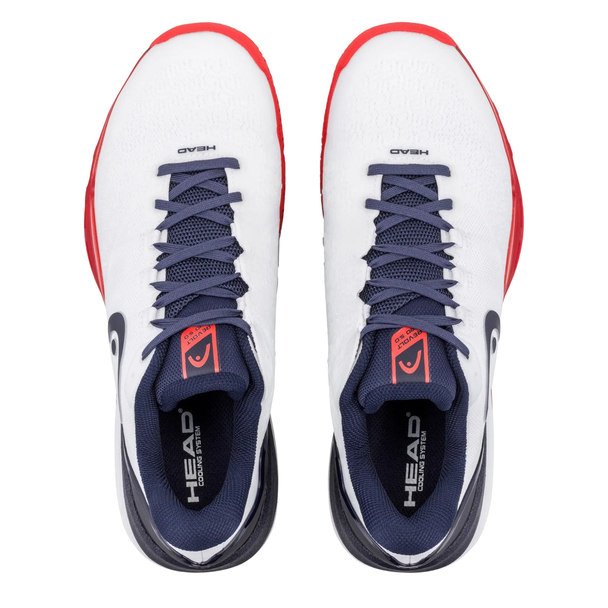 White and blue Head tennis shoes with red accents on a white background