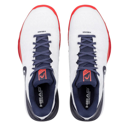 White and blue Head tennis shoes with red accents on a white background
