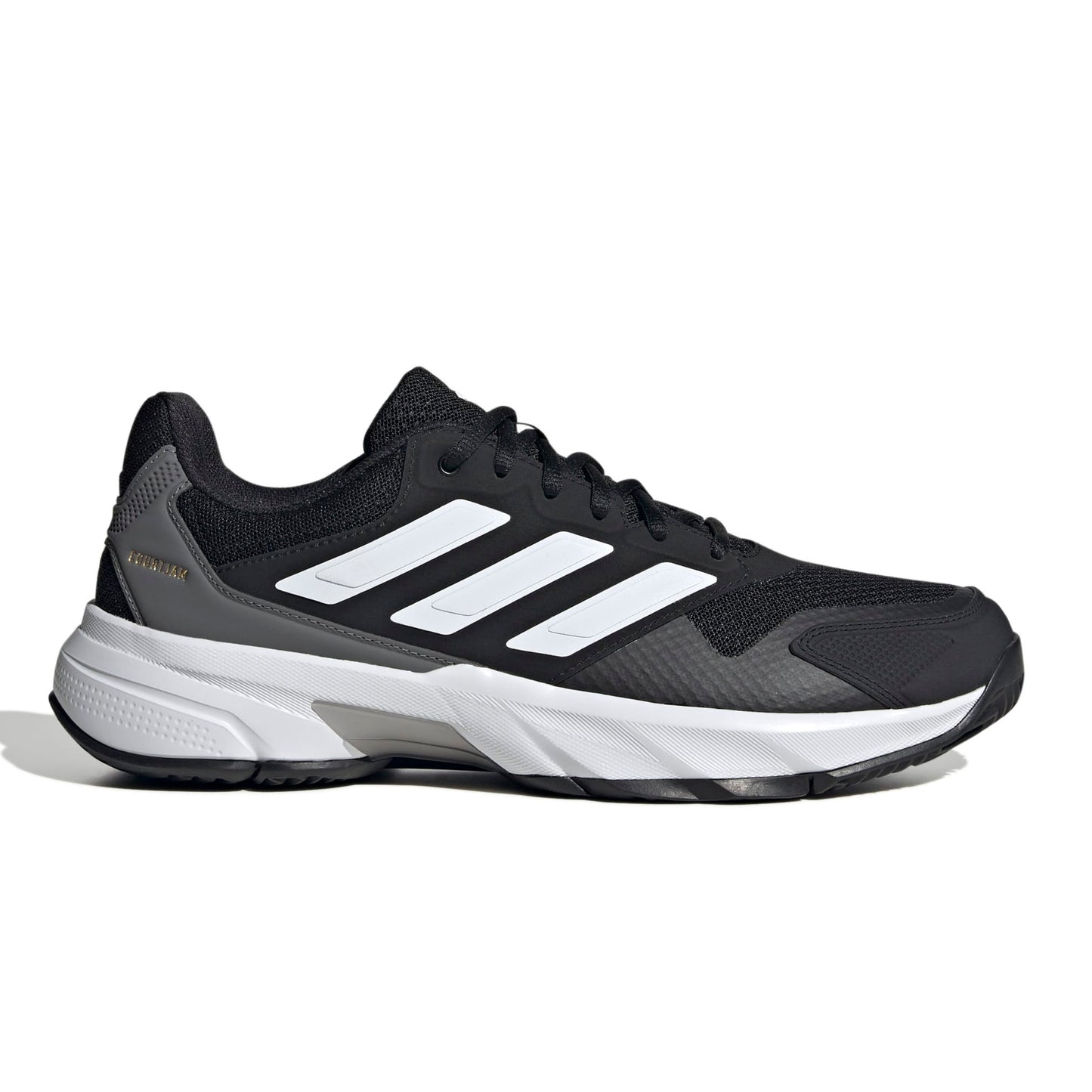 A black Adidas tennis shoe with white three-stripes and a white midsole, shown from a side profile on a white background.