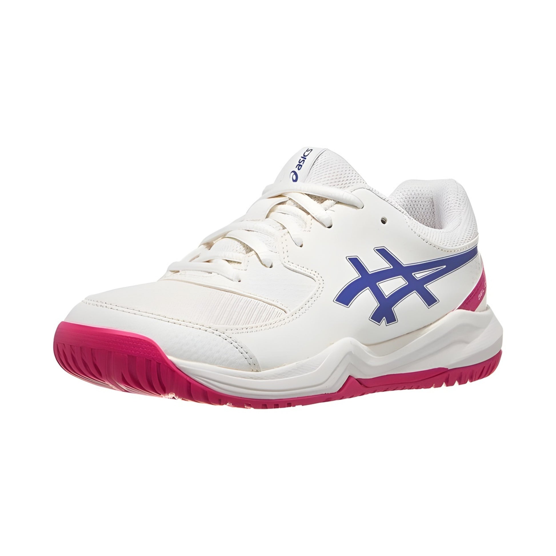 White Asics tennis shoe with blue logo and pink sole on a white background