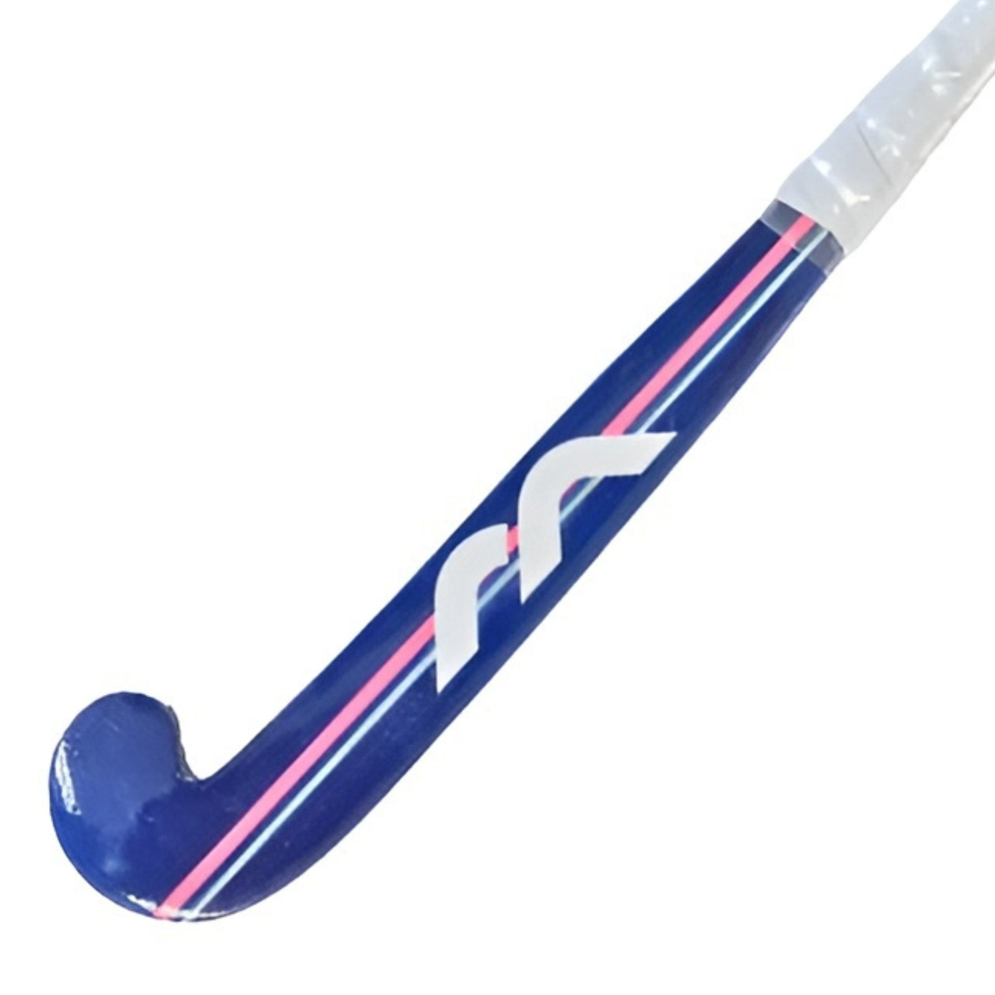 Blue mini hockey stick with a brand logo on a white background