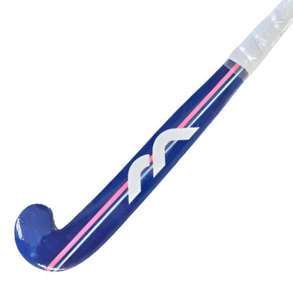 Blue mini hockey stick with a brand logo on a white background