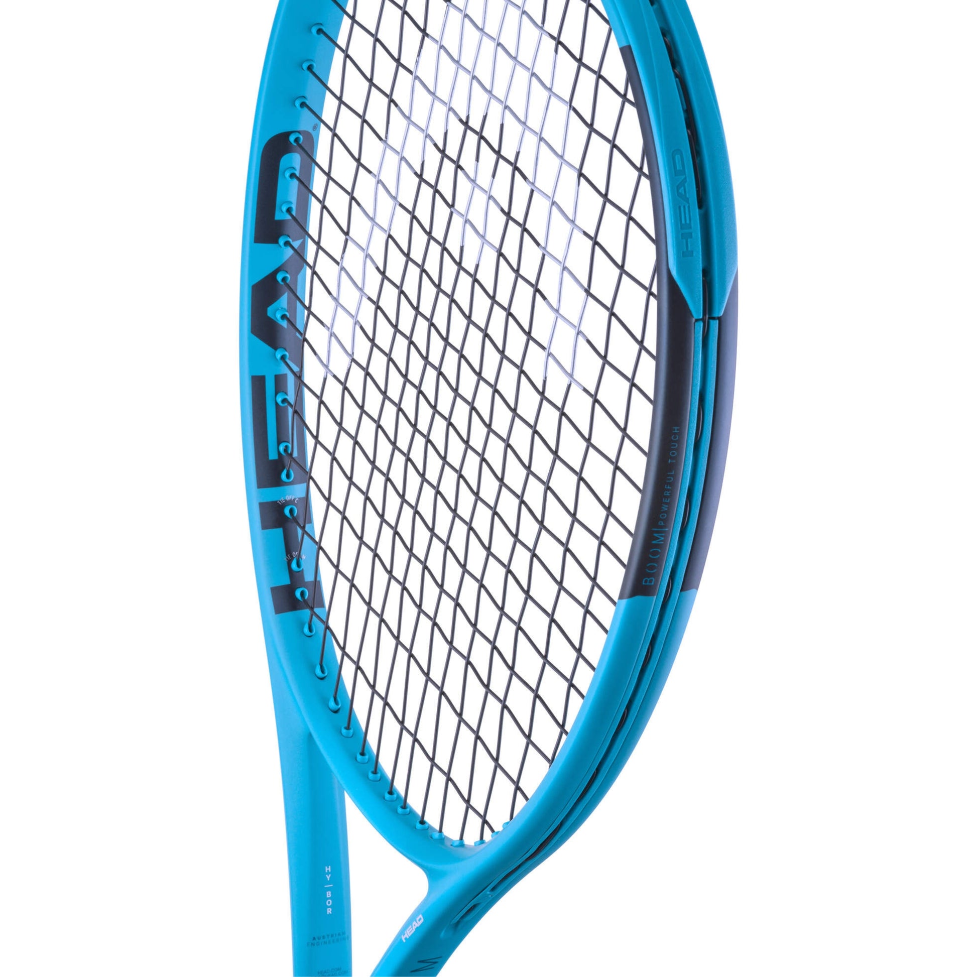 Close-up of a blue Head tennis racket with a white background
