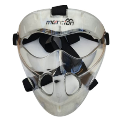 White protective mask with clear visor and black straps on a white background, featuring the Mercian brand.
