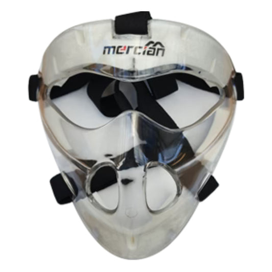 White protective mask with clear visor and black straps on a white background, featuring the Mercian brand.