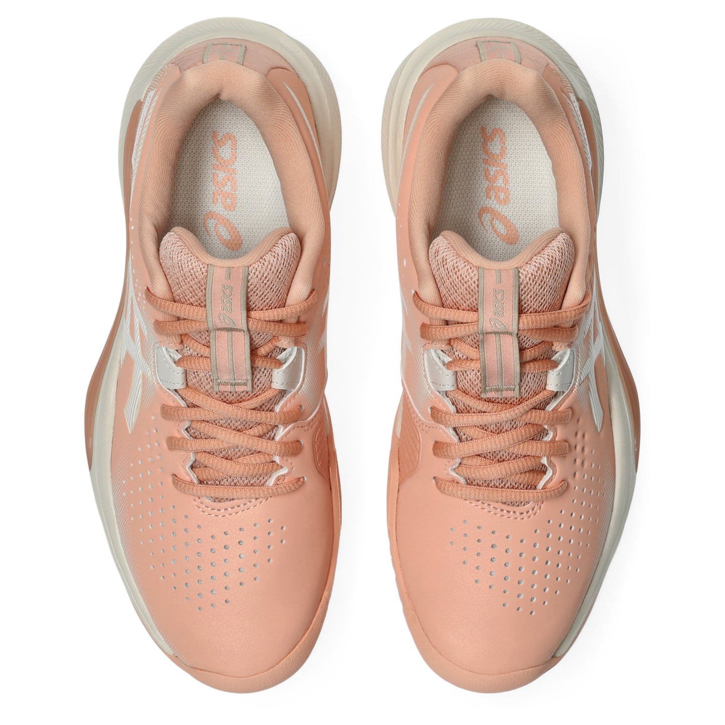 A pair of ASICS tennis shoes shown from a top-down view, featuring a peach and light gray colorway with perforated uppers and matching laces.