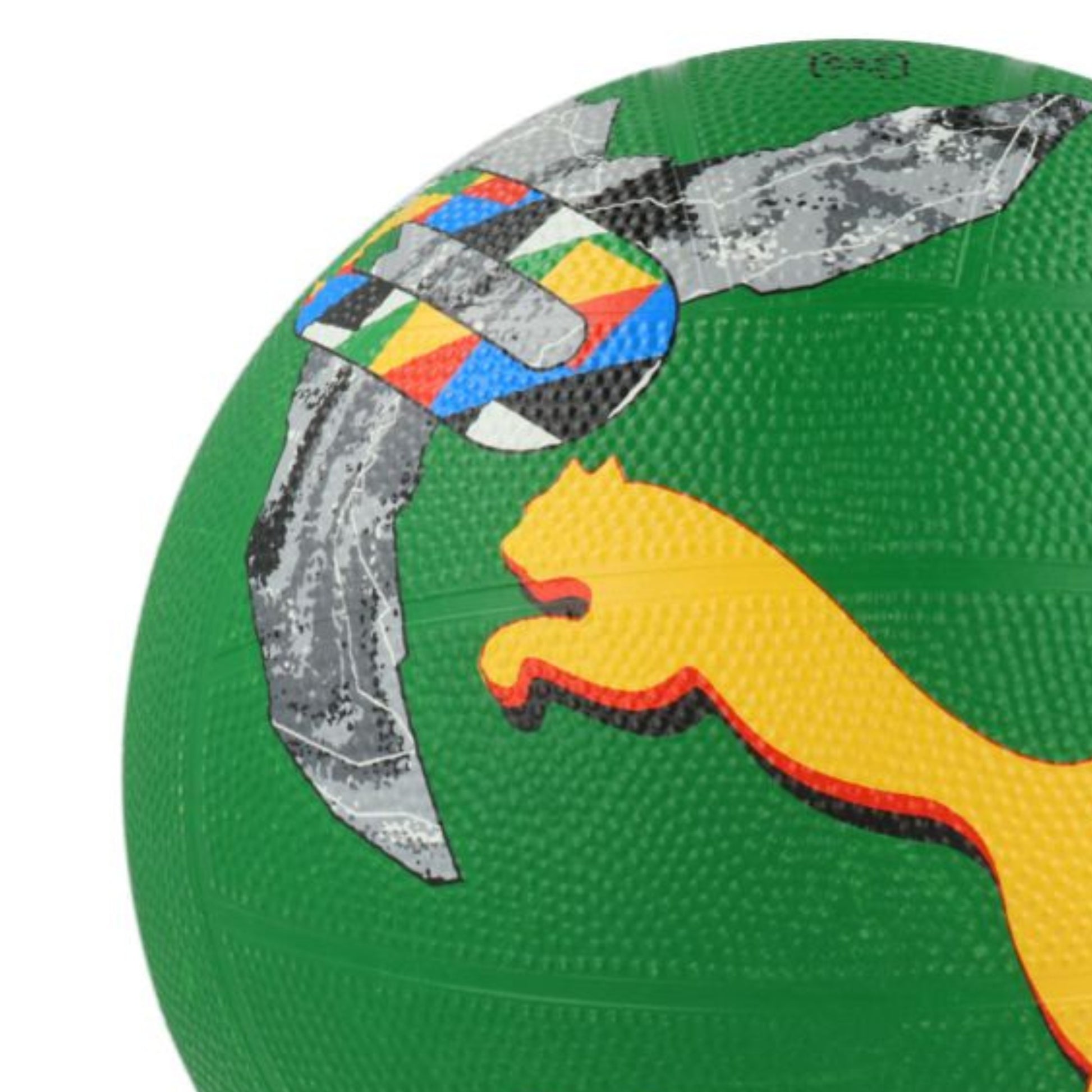 Green netball with colorful patterns and Puma logo on a white background