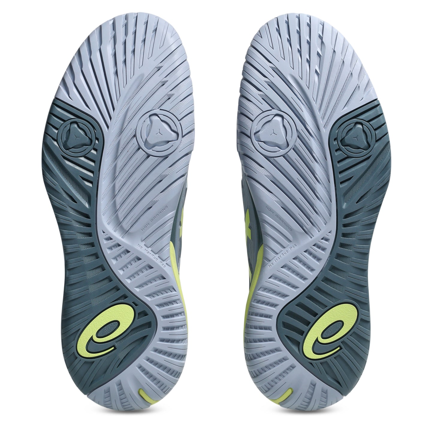 Gray tennis shoe sole with green logo on a white background